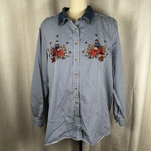 Vintage Just My Size Denim Women's 26/28W Striped Embroidered Fall Shirt Bears